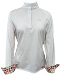White long-sleeve shirt with colorful cuffs and hem on a white background