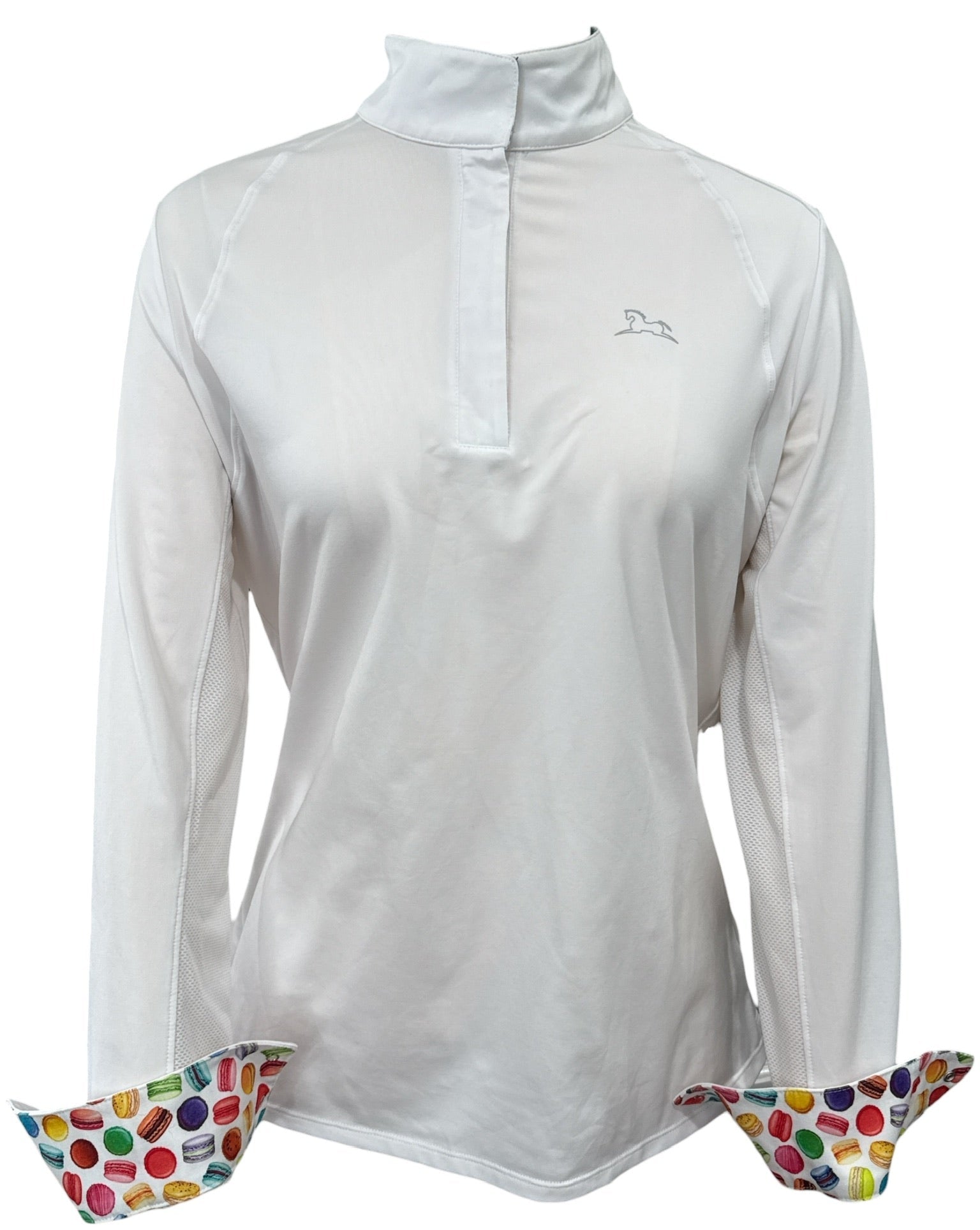 White long-sleeve shirt with colorful cuffs and hem on a white background