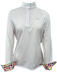 White long-sleeve shirt with colorful cuffs and hem on a white background