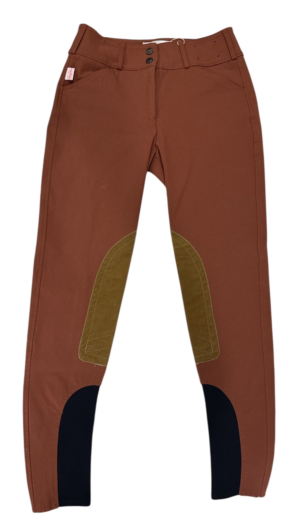 Brown riding pants with green knee patches on a white background