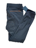 Folded dark blue pants with a belt on a white background