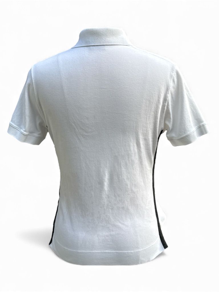 White polo shirt with black trim on a white background