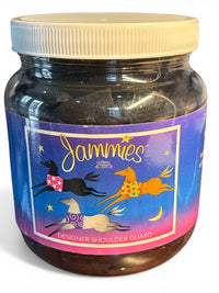 Jar of Jammies Designer Shoulder Guard with colorful label featuring horses on a white background