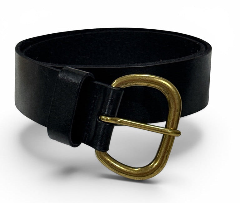 Black leather belt with a brass buckle on a white background