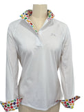 White long-sleeve shirt with colorful cuffs and collar on a mannequin against a white background