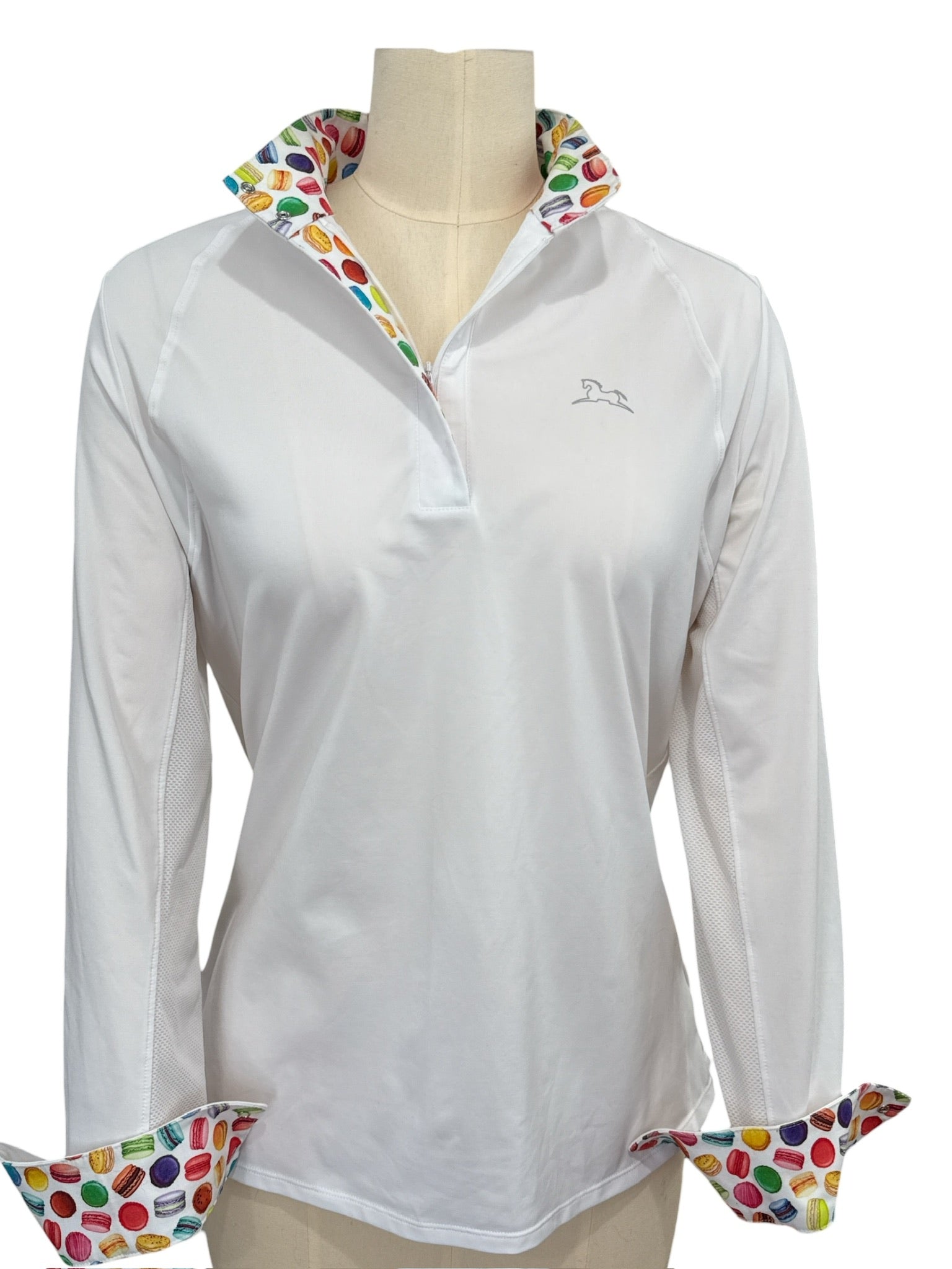 White long-sleeve shirt with colorful cuffs and collar on a mannequin against a white background