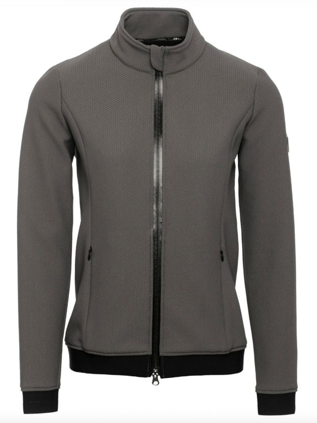 Gray jacket with a black zipper on a white background