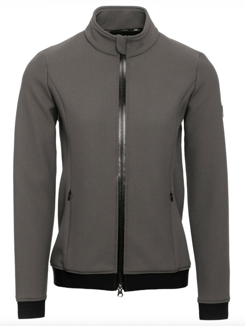 Gray jacket with a black zipper on a white background