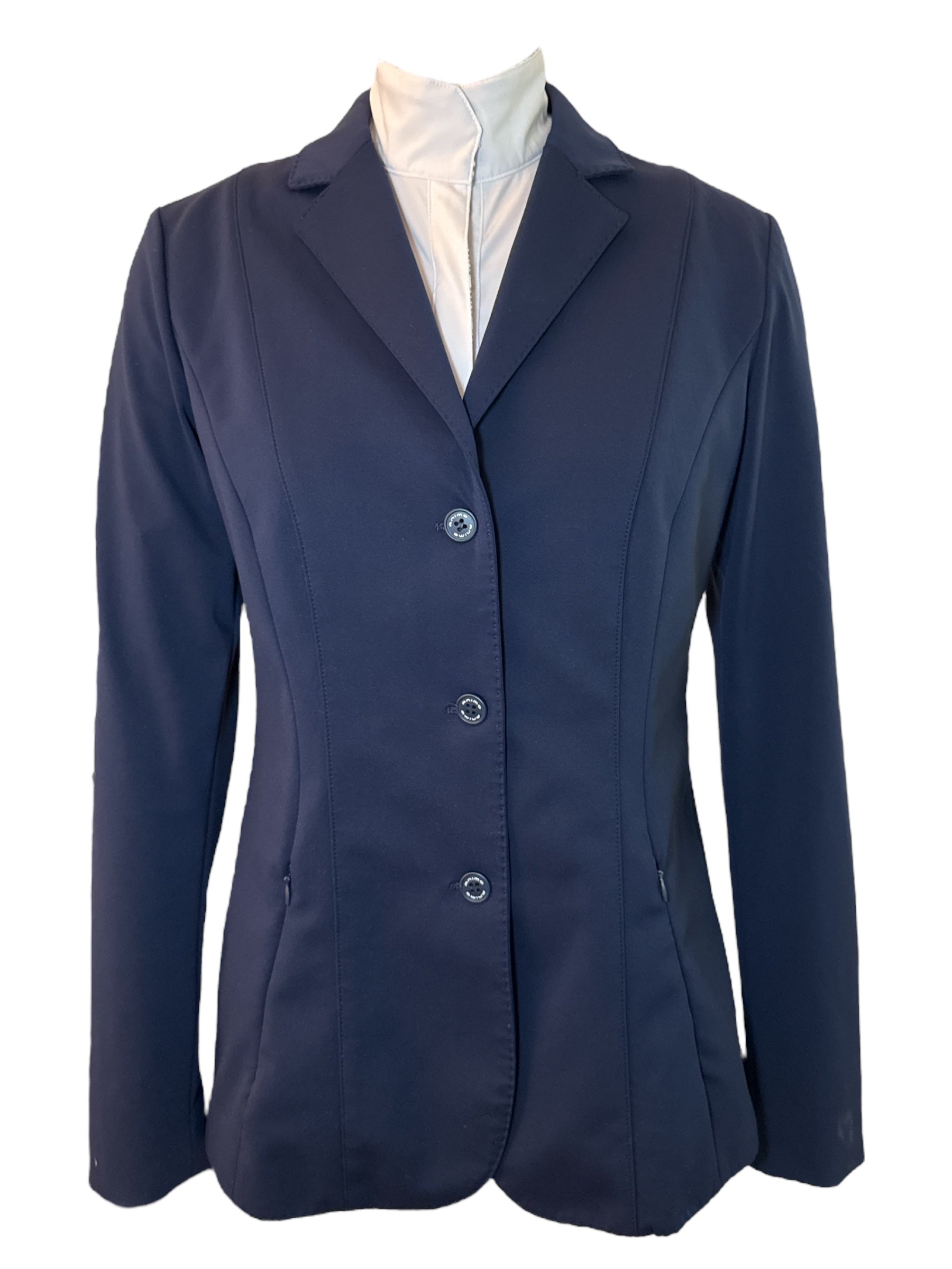 Navy blue riding jacket on a white background