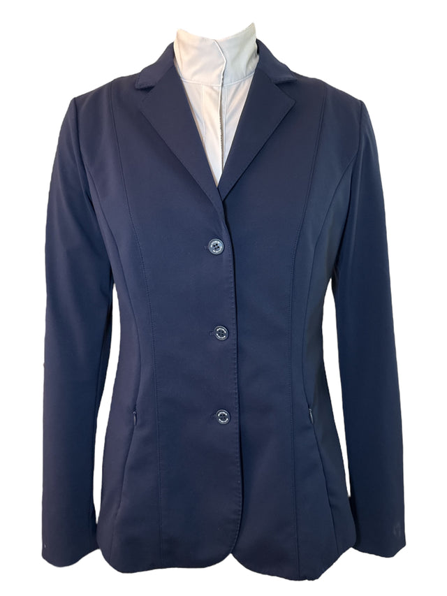 Navy blue riding jacket on a white background
