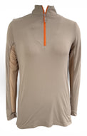 Beige long-sleeve shirt with orange zipper on a white background