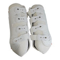 A pair of white cycling shoe cleats with multiple adjustable hook-and-loop straps and mesh ventilation panels, shown against a plain white background.
