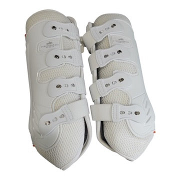 A pair of white cycling shoe cleats with multiple adjustable hook-and-loop straps and mesh ventilation panels, shown against a plain white background.