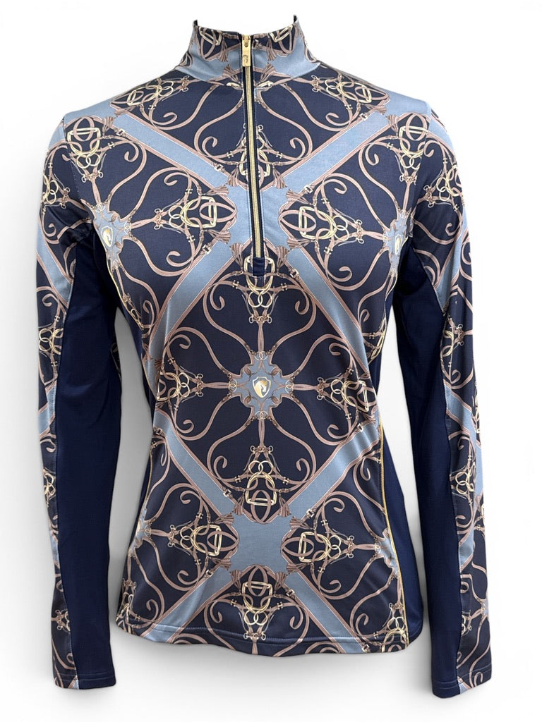 Arista Equestrian Long Sleeve Stirrup and Leather Design Shirt - Blue / Size Small