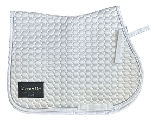 Quilted saddle pad with a brand label on a white background