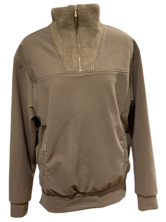 Brown pullover with a textured half-zip design on a white background