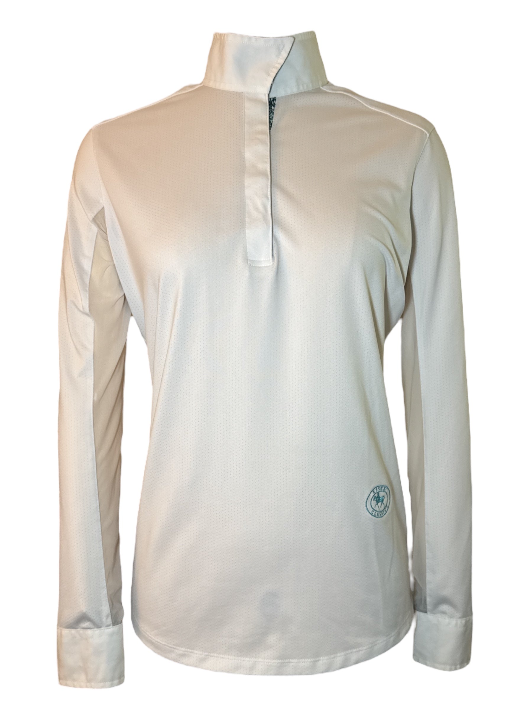 White long-sleeve shirt with a logo on a white background