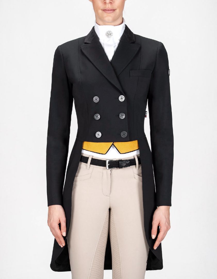 Equiline Mackenzie Hunter Shadbelly Coat- Black / Yellow Points / Size IT 44