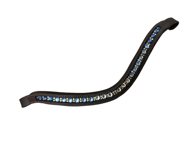 Custom V Shaped Blue Ombre Crystal Brow Band - Brown Leather / Full Size