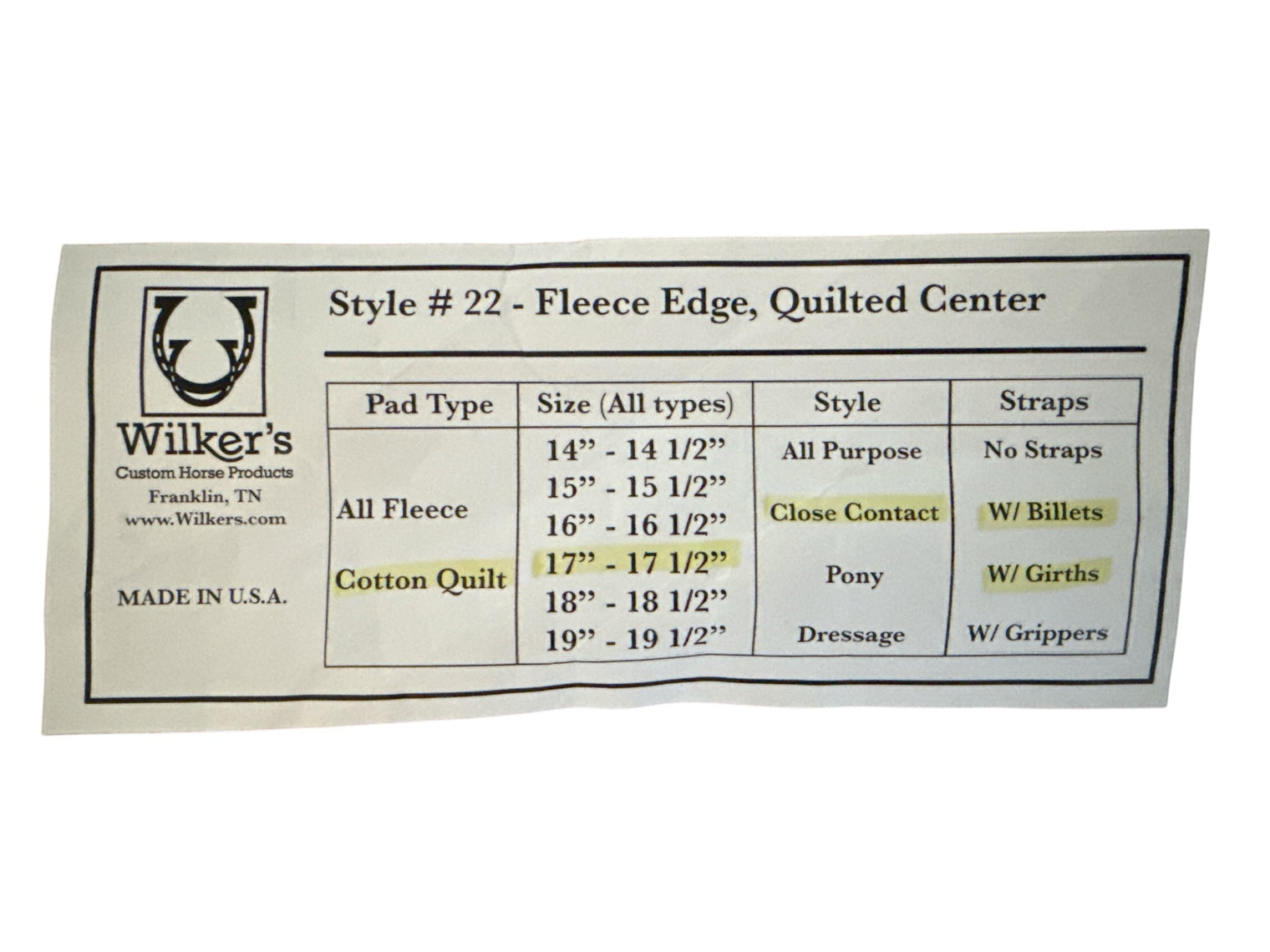 Wilker's Close Contact Contour Saddle Pad (style #22) Size 17" - 17 1/2"  NEW