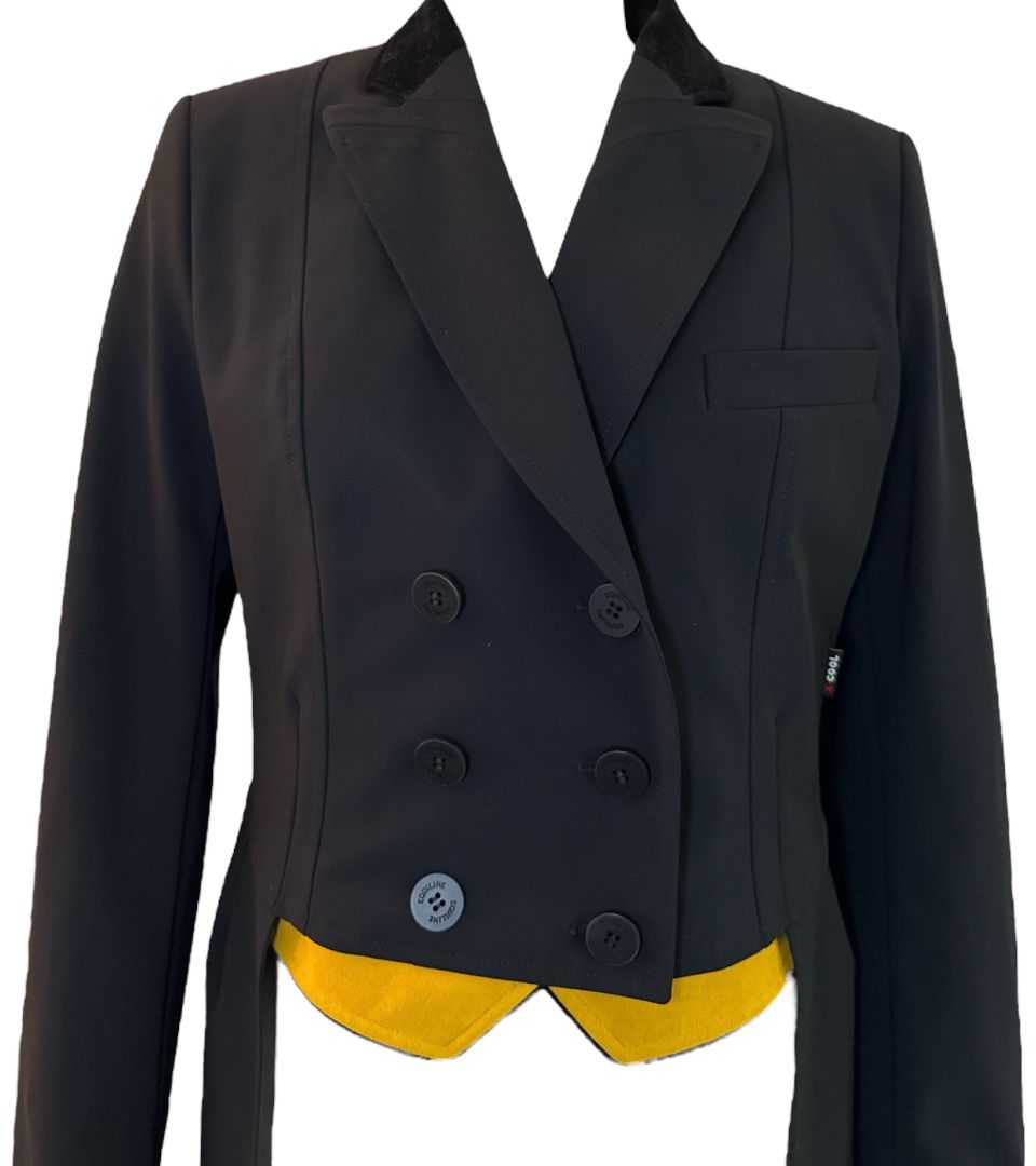 Equiline Mackenzie Hunter Shadbelly Show Coat- Black / Yellow Points / Size IT 44