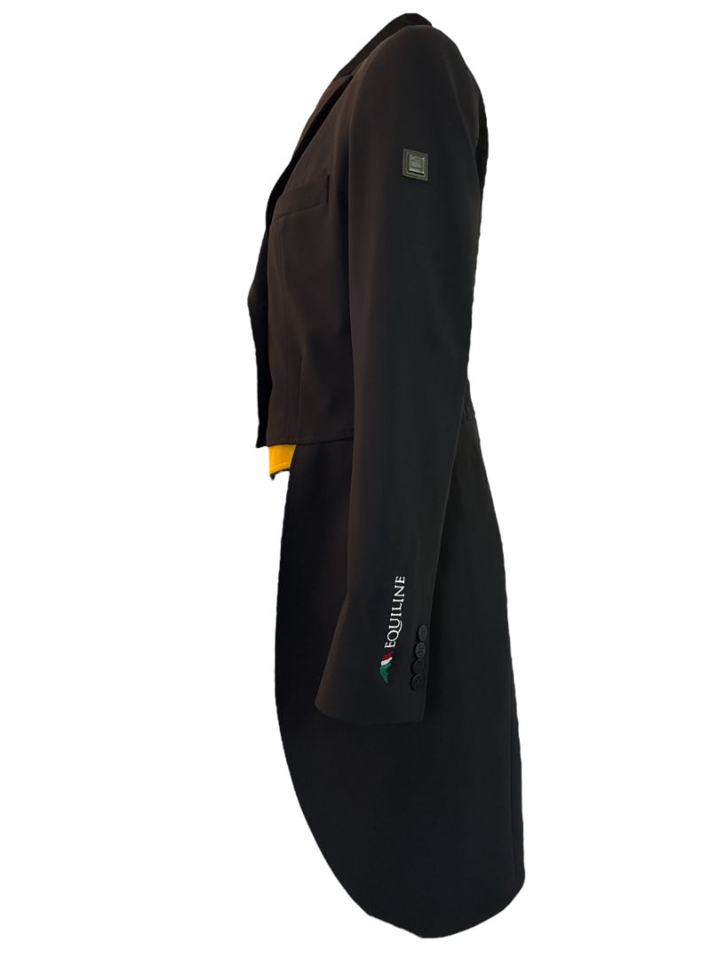 Equiline Mackenzie Hunter Shadbelly Show Coat- Black / Yellow Points / Size IT 44