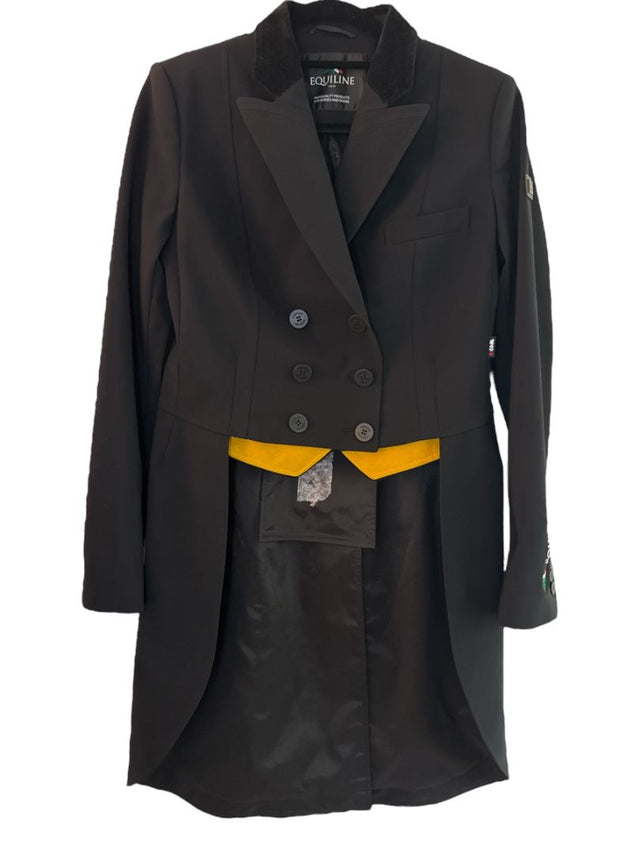 Equiline Mackenzie Hunter Shadbelly Coat- Black / Yellow Points / Size IT 44