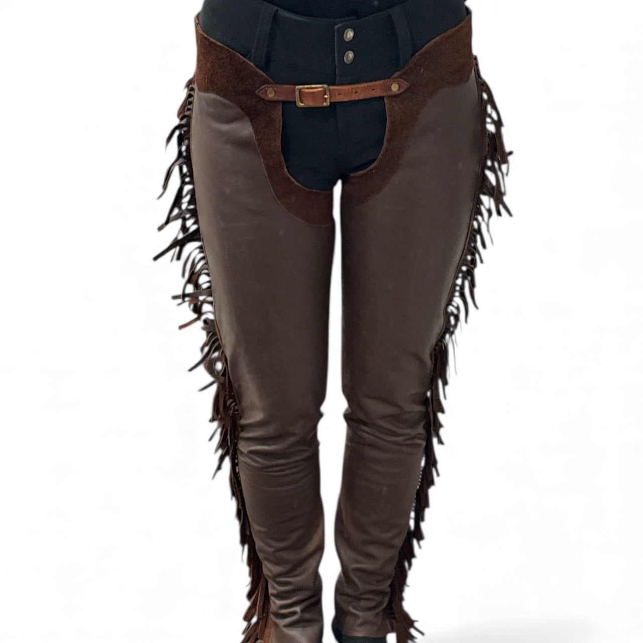 Custom Women's Brown Fringe Leather and Suede Full Chaps - Size US 24/26 (Small)
