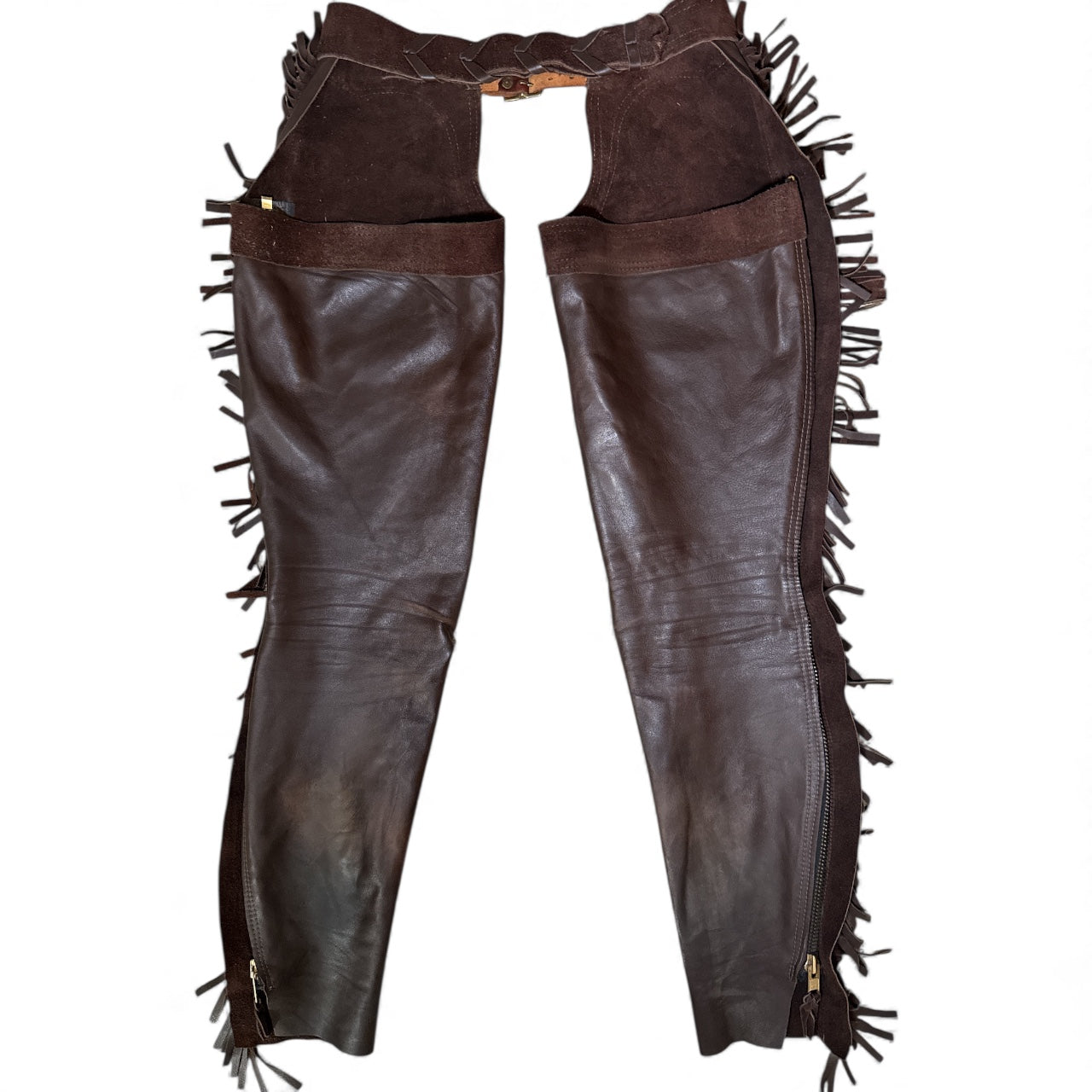 Custom Women's Brown Fringe Leather and Suede Full Chaps - Size US 24/26 (Small)