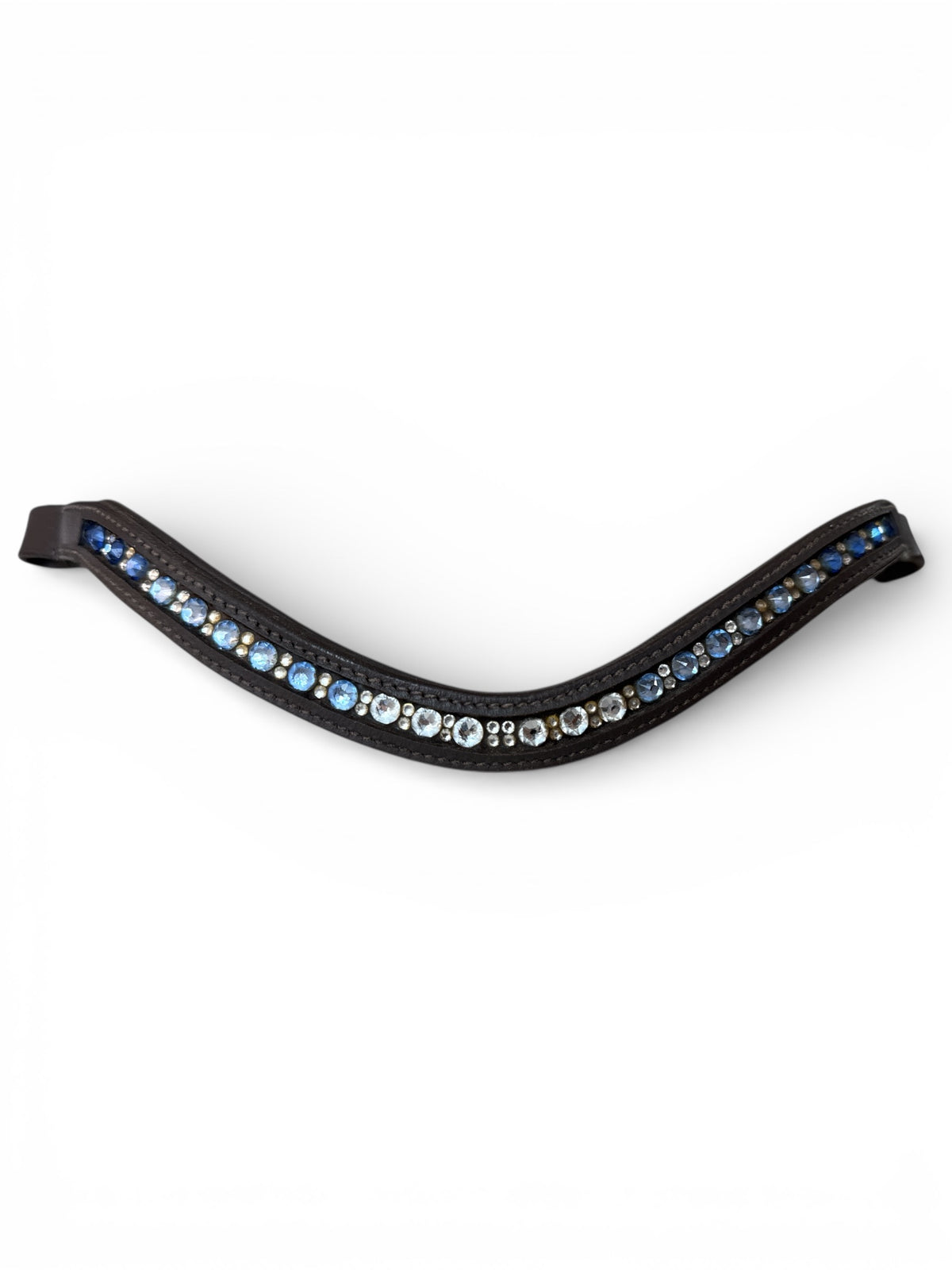Custom V Shaped Blue Ombre Crystal Brow Band - Brown Leather / Full Size