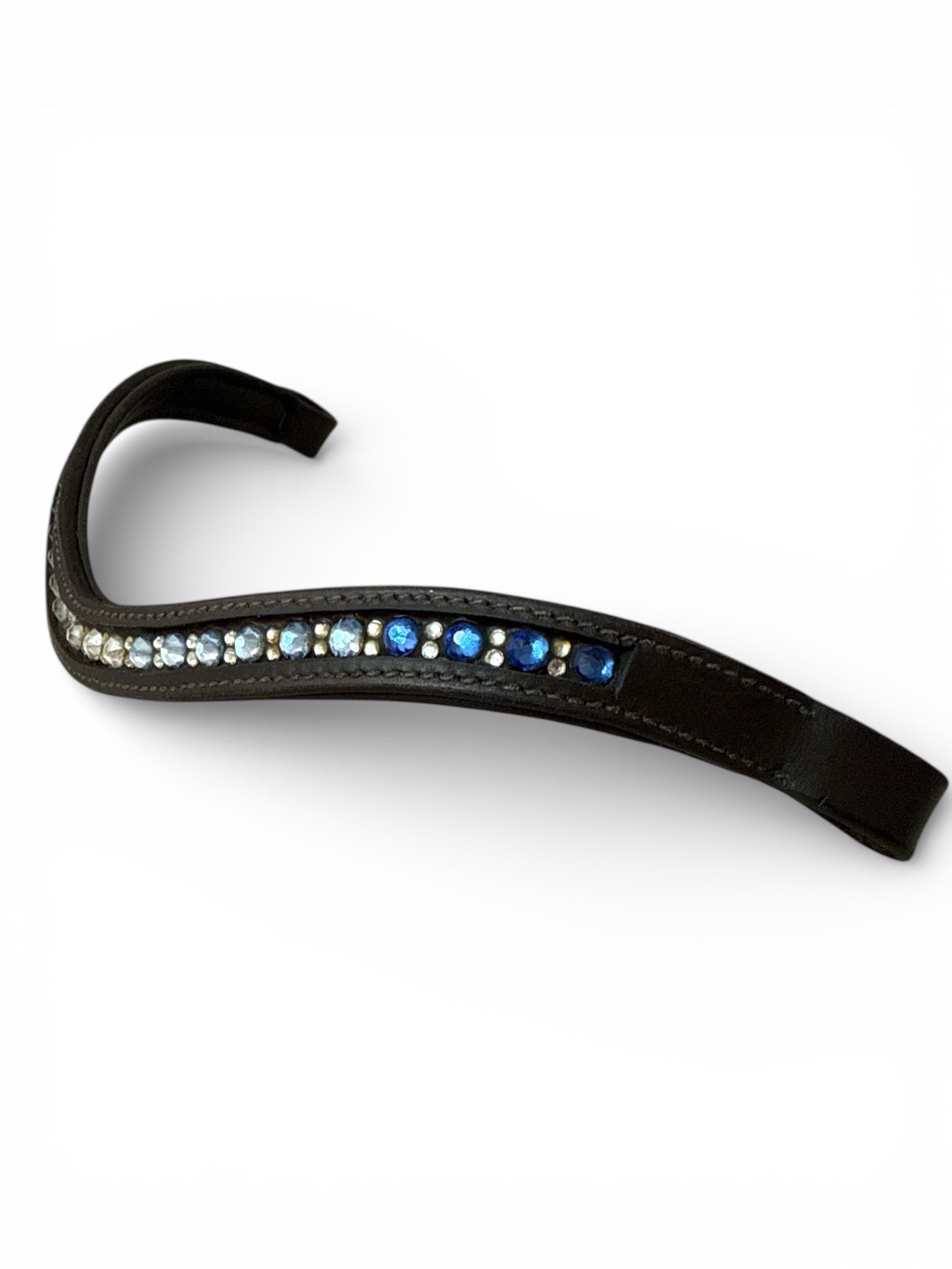 Custom V Shaped Blue Ombre Crystal Brow Band - Brown Leather / Full Size