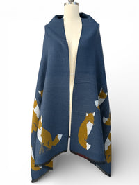 Fox Print Wool Blend Shawl Scarf - Blue / One Size  NEW