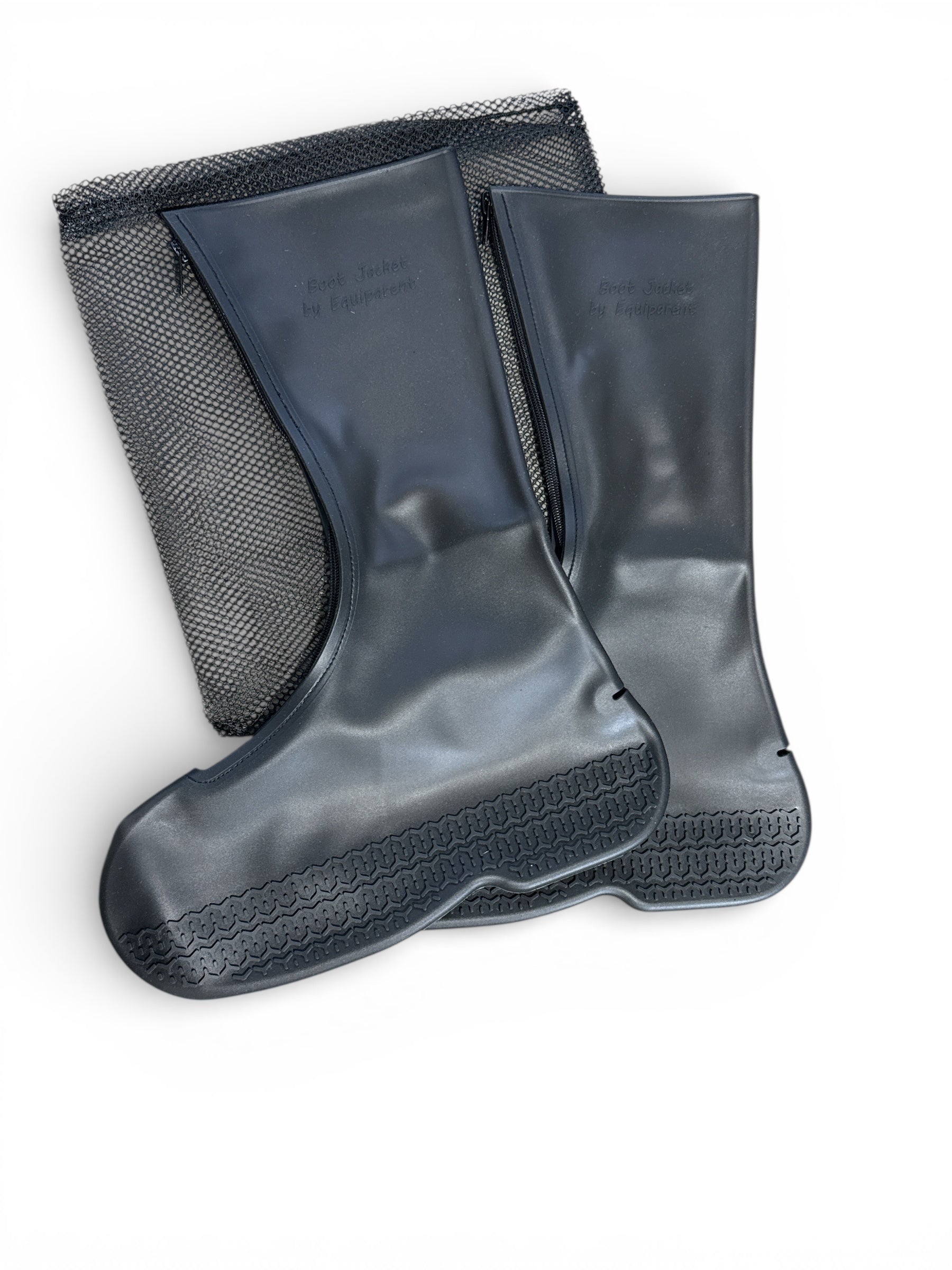 Pair of gray rubber boots with black soles on a white background