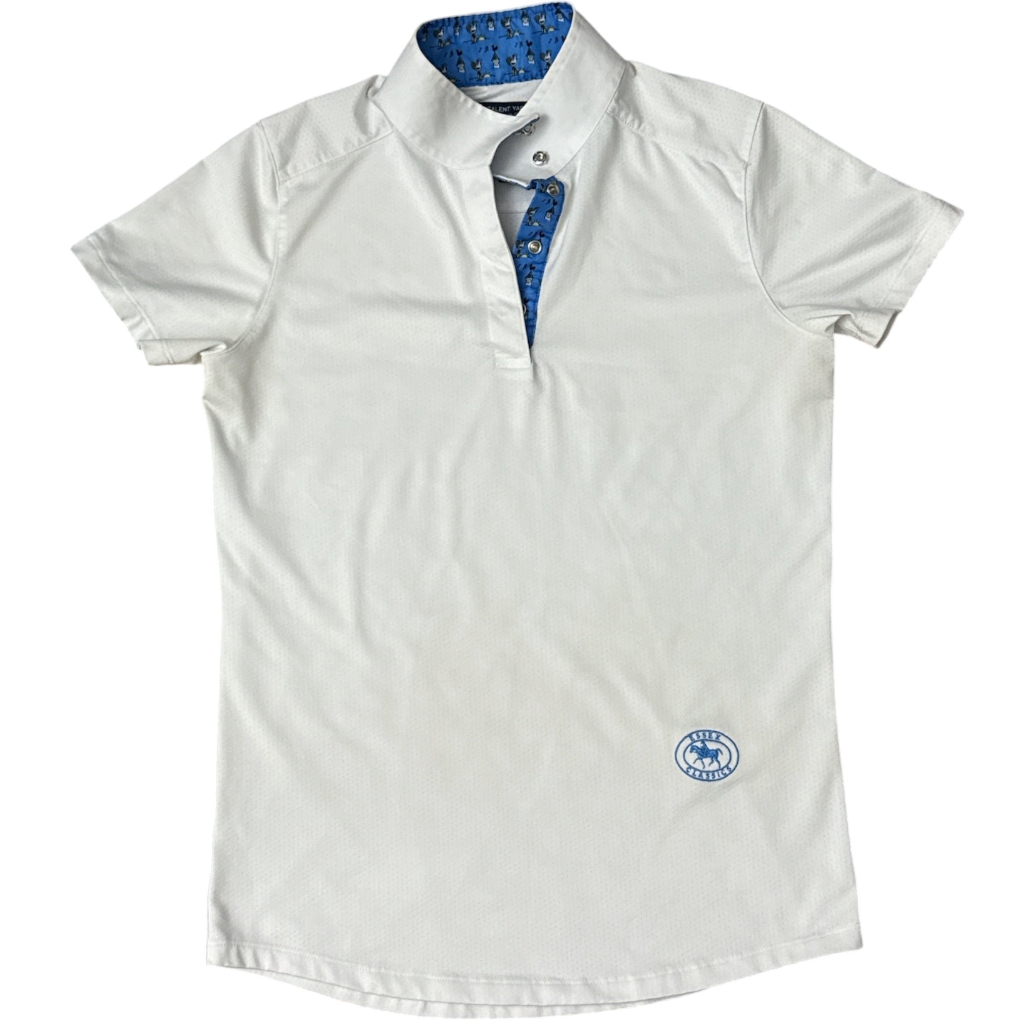 Essex Classics Girls Talent Yarn Short Sleeve Show Shirt - White / Blue Strutting Roosters Print / Size Youth XL