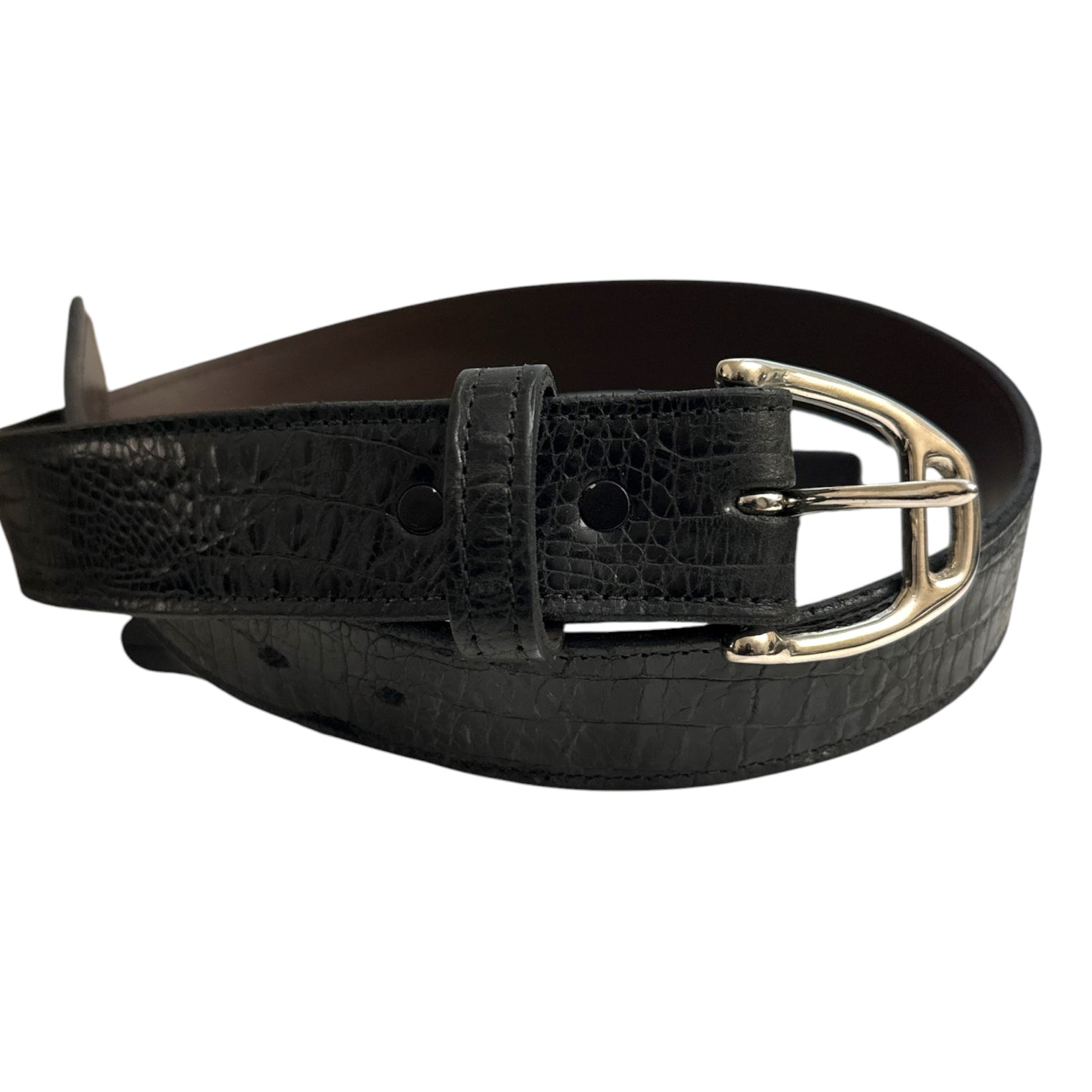 Leather Embossed Stirrup Belt - Black / Size 32
