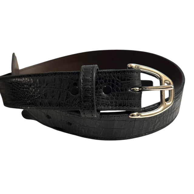Leather Embossed Stirrup Belt - Black / Size 32