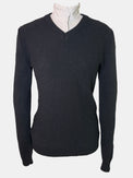 Dark gray V-neck sweater on a mannequin with a white background