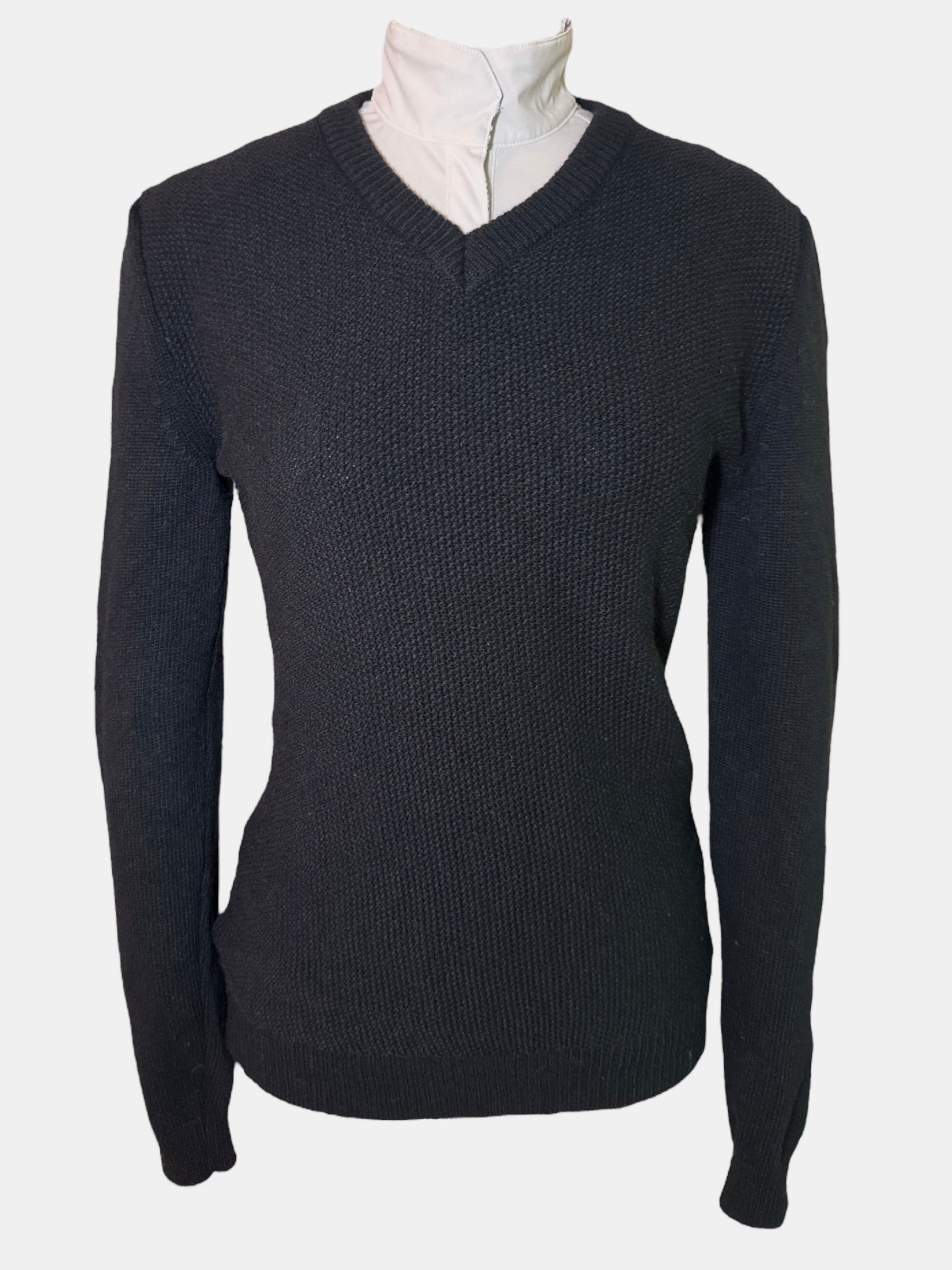 Dark gray V-neck sweater on a mannequin with a white background