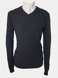 Dark gray V-neck sweater on a mannequin with a white background