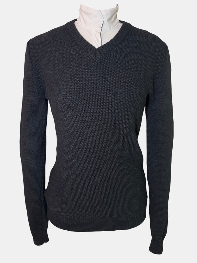 Dark gray V-neck sweater on a mannequin with a white background