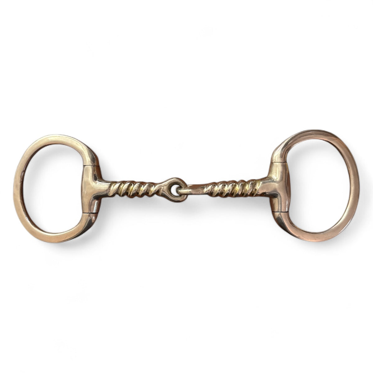 Brass snaffle bit on a white background