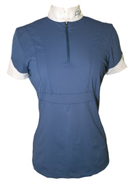Blue equestrian shirt with white collar on a mannequin against a white background