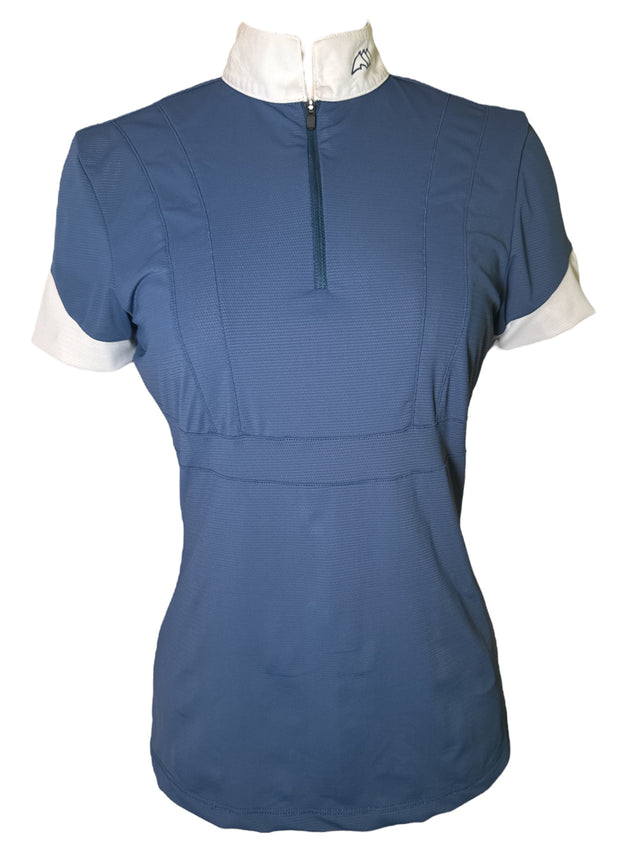 Blue equestrian shirt with white collar on a mannequin against a white background