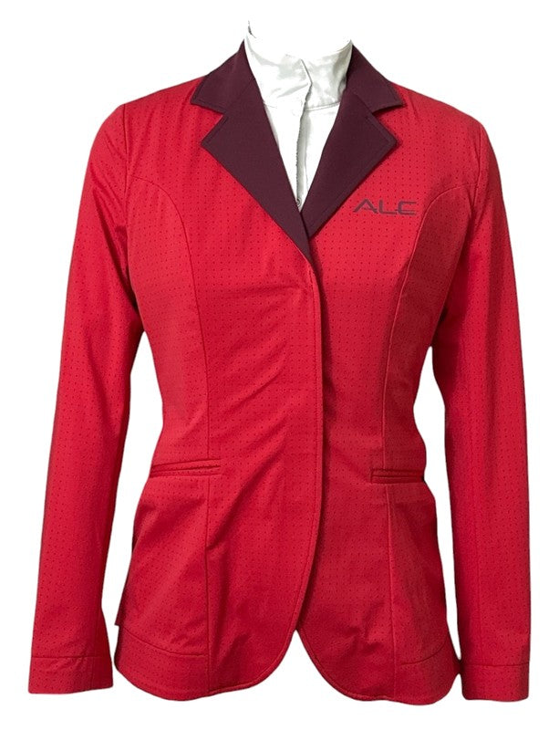 ALE Tailored Clothing women's perforated show coat Boreas sample in red with burgundy collar, size IT 40